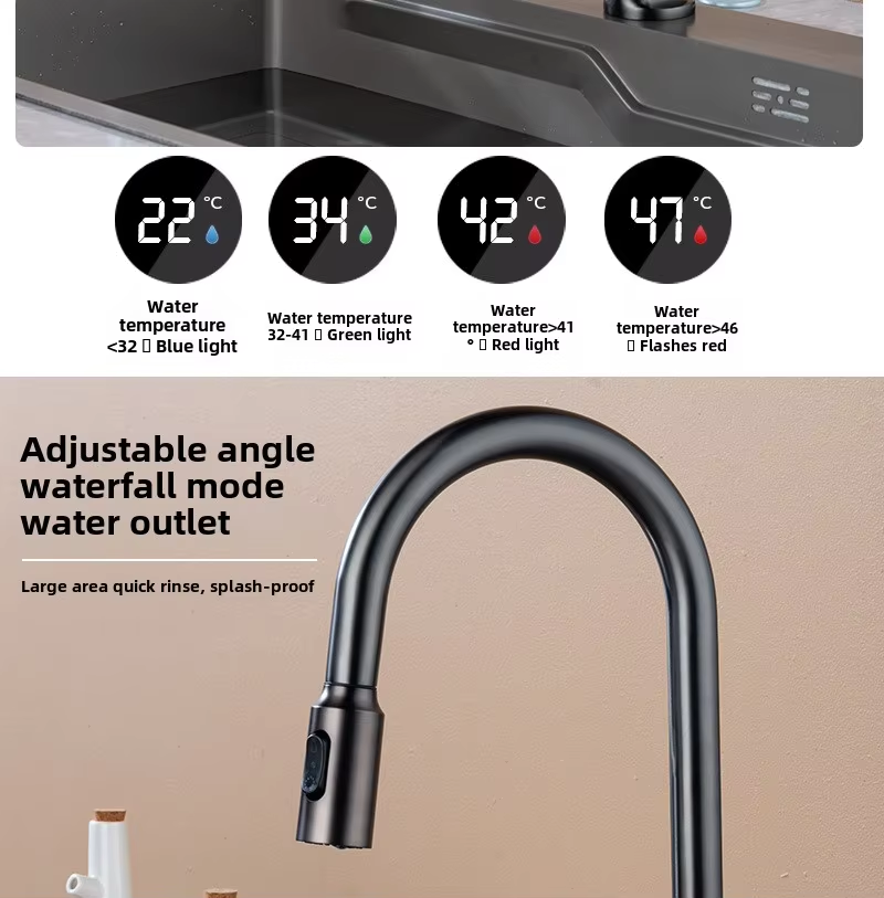 Digital Display Pull Out Waterfall Kitchen Faucet