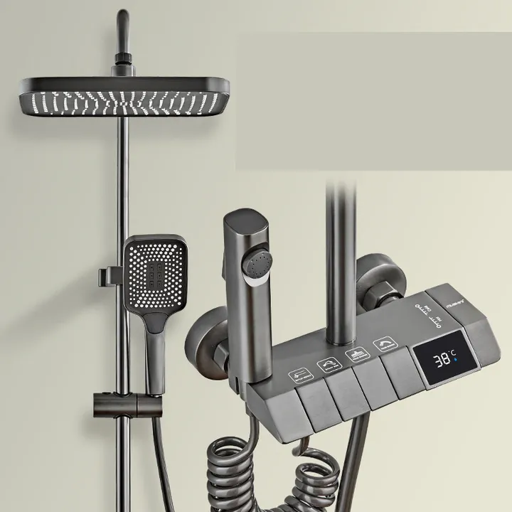 Luxury Bathroom Wall Mounted Piano Led Digital Display Rain Shower Set System Luxury Bathroom Wall Mounted Piano Led Digital Display Rain Shower Set System