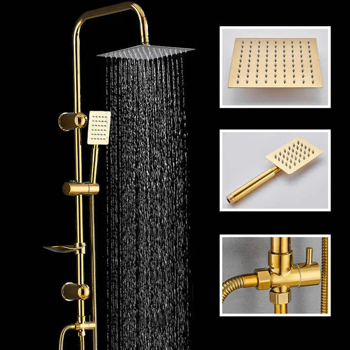 Wall Mounted High Pressure Round Rain Handheld Spray Faucet Combo Golden Shower Set System