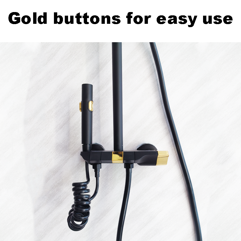 Bathroom Black Gold Luxury Zinc Alloy Piano Button Rain Shower Mixer Faucet Set