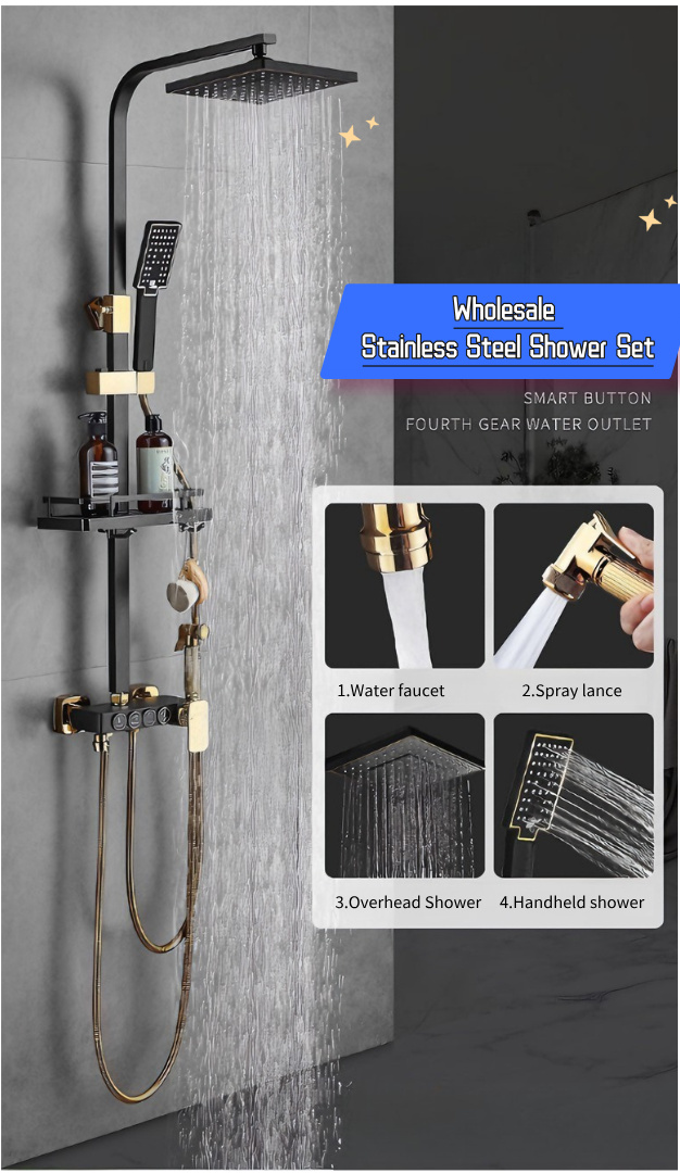 Wholesale Stainless Steel Shower Set - 4-Spray Black Gold Handheld Shower Head, High Pressure, Suitable for Project & Residential Use Wholesale Stainless Steel Shower Set - 4-Spray Black Gold Handheld Shower Head, High Pressure, Suitable for Project & Residential Use