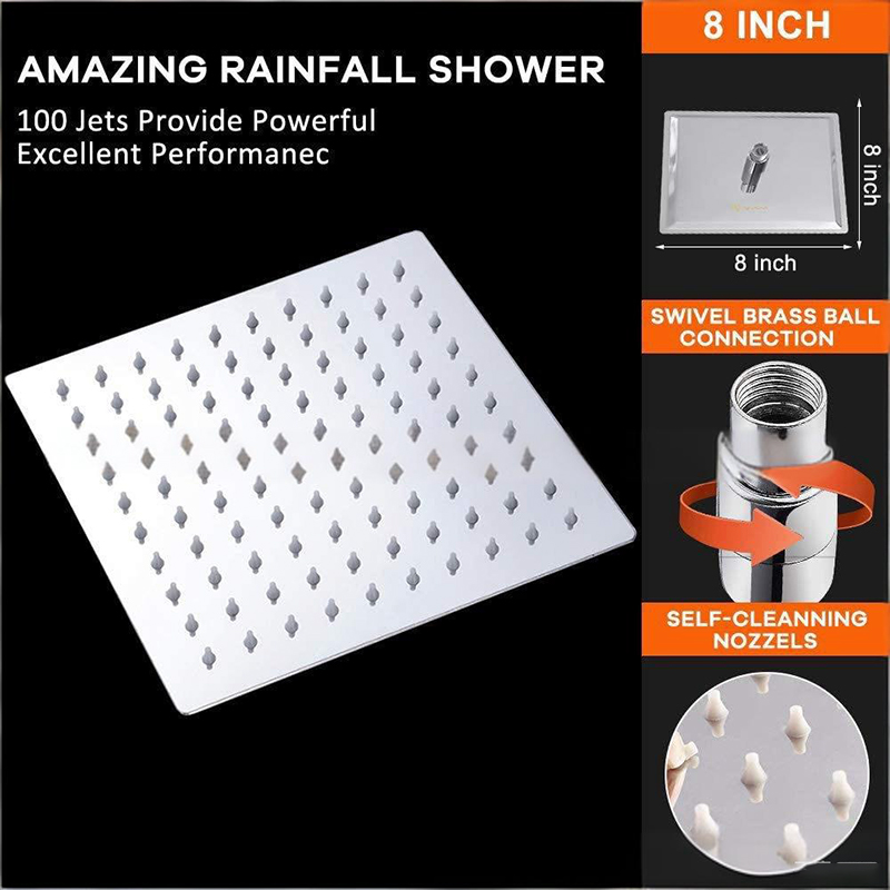 8 inch rain shower head：Large water output area + pressure boosting and water saving