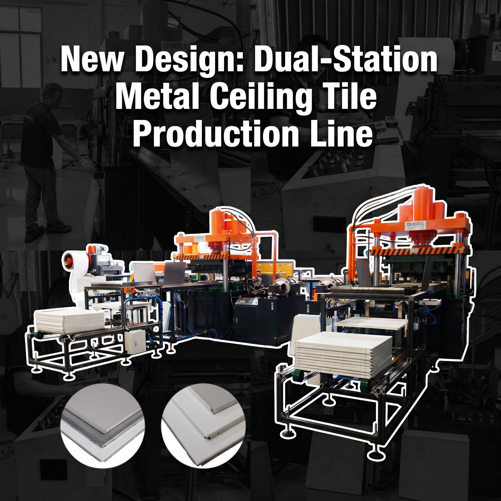 Nuovo design: linea di produzione a doppia stazione per pannelli metallici per controsoffitti