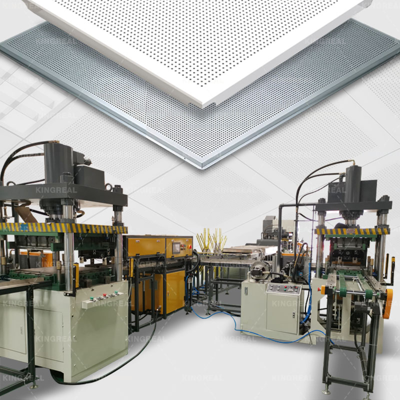 Máquina totalmente automática para fabricar placas metálicas de techo de 30x30 cm.