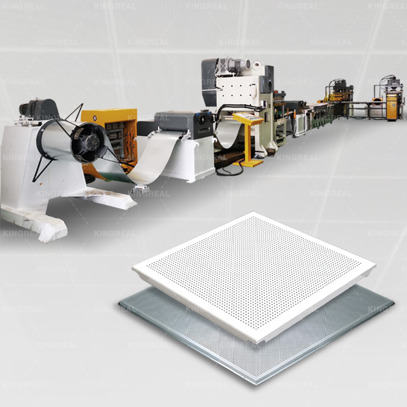 Máquina totalmente automática para fabricar placas metálicas de techo de 30x30 cm.