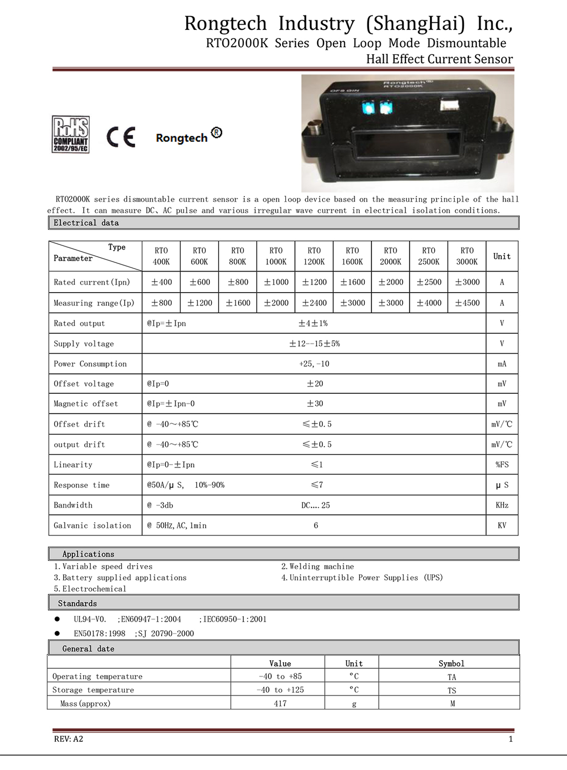 RTO2000K Series Open Loop Mode Dismountable Hall Effect Current Sensor