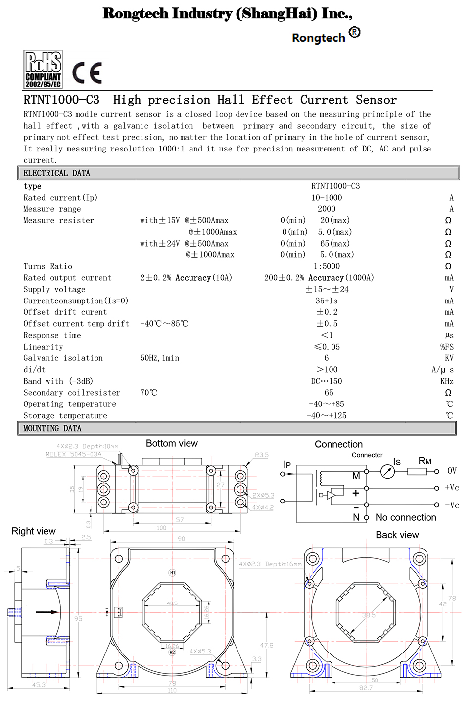 RTNT1000-C3 High precision Hall Effect Current Sensor