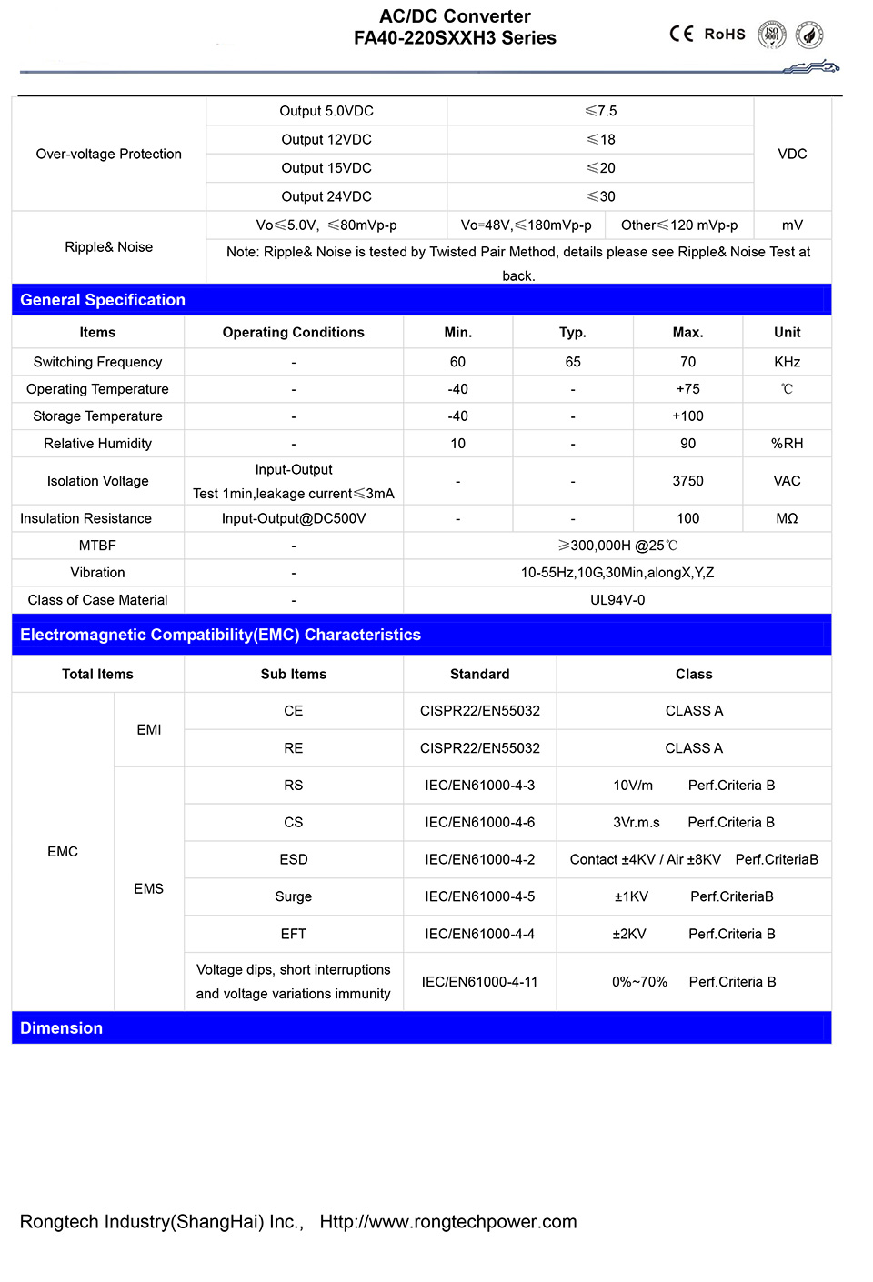 AC/DC Converter FA40-220SXXH3 Series