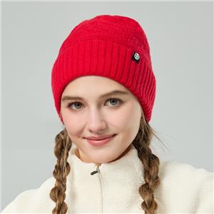 Womens Winter Red Acrylic Knit Beanie Hat With Logo