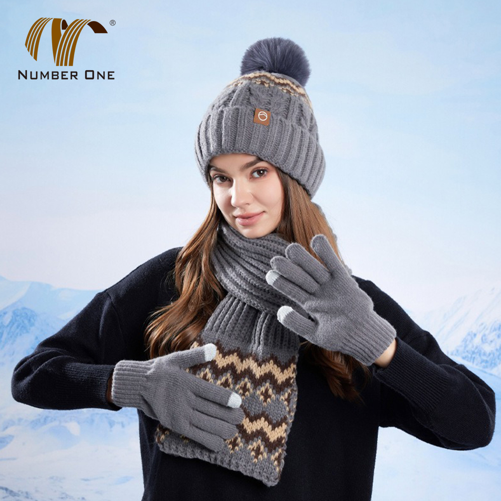 Womens Winter Pom Pom Knit Beanie With Scarf And Gloves