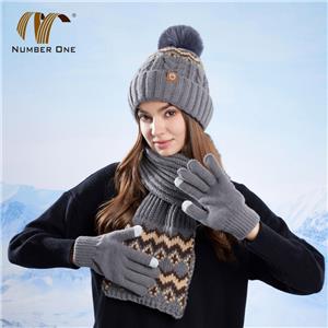Womens Winter Pom Pom Knit Beanie With Scarf And Gloves
