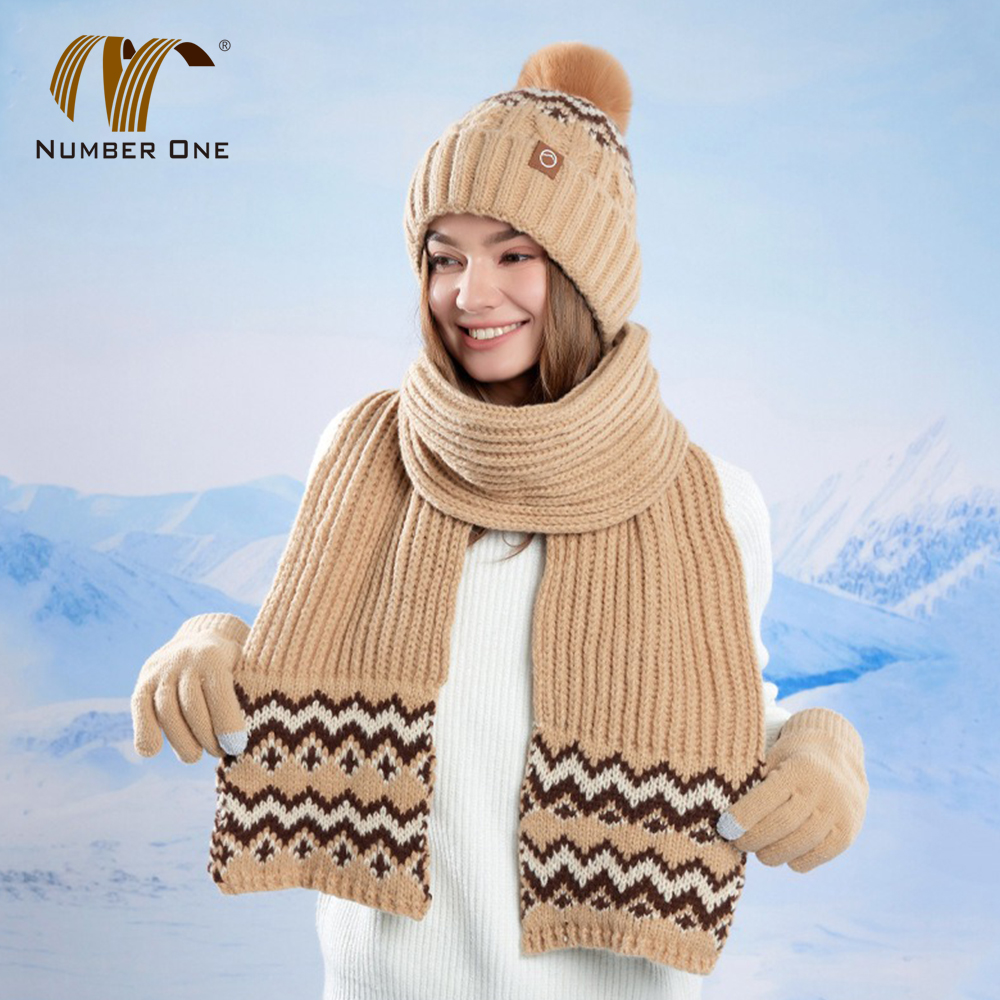 Womens Winter Pom Pom Knit Beanie With Scarf And Gloves