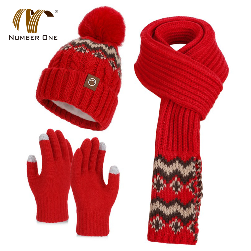 Womens Winter Pom Pom Knit Beanie With Scarf And Gloves