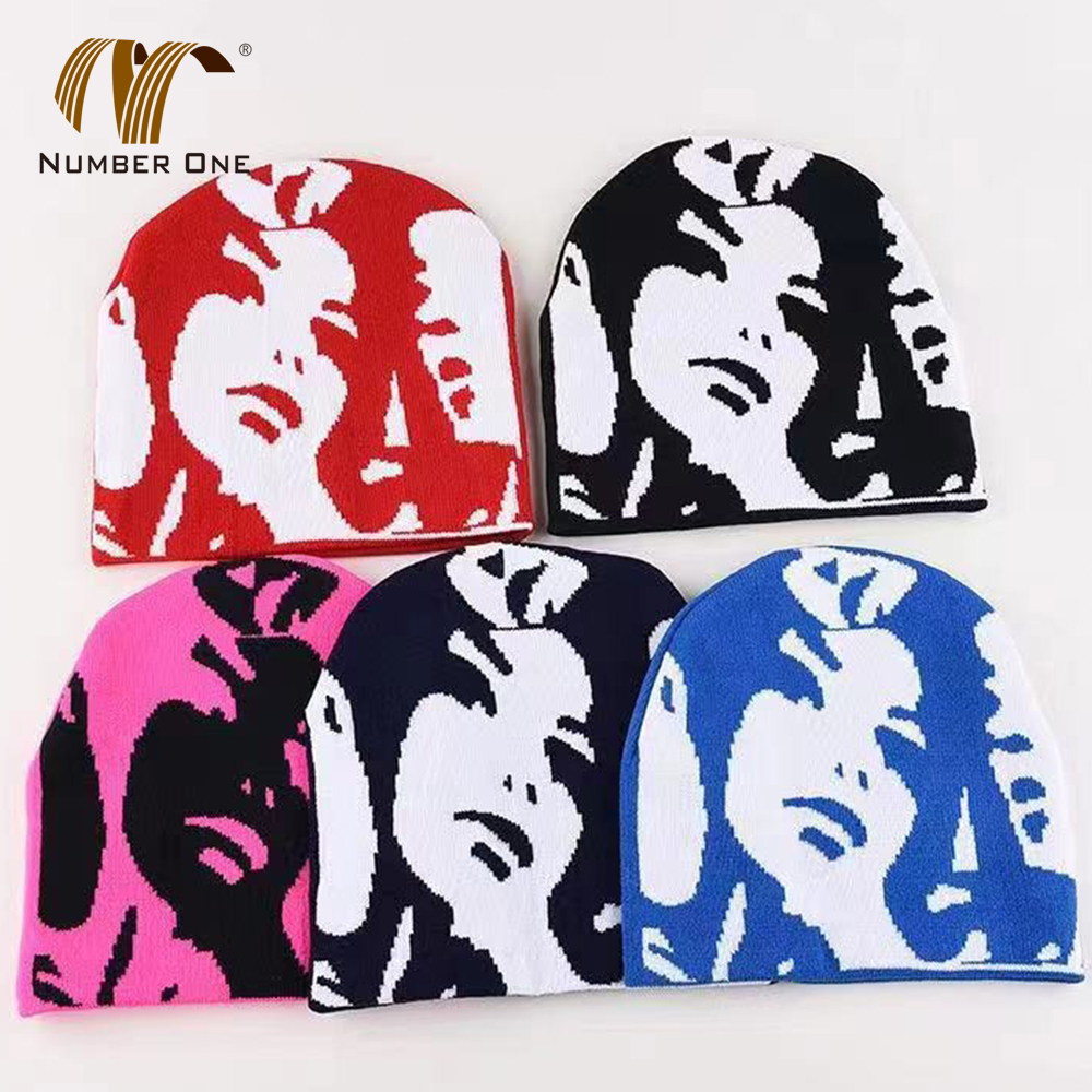 Mens Winter Y2K Jacquard Knitted Beanie Hat