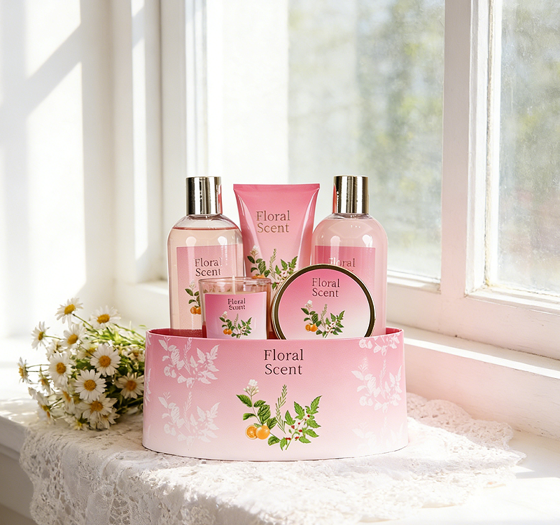 Floral Scent Luxury Bath Gift Set – 5PCS Pink Body Care Gift Setwith Shower Gel, Body Lotion, Body Scrub, Bubble Bath & Scented Candle