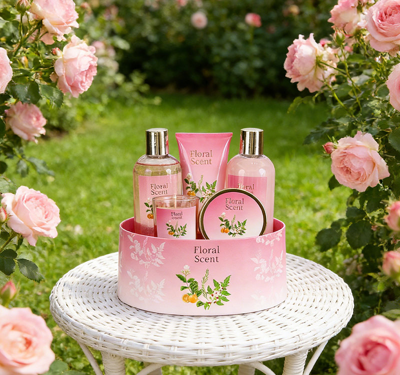 Floral Scent Luxury Bath Gift Set – 5PCS Pink Body Care Gift Setwith Shower Gel, Body Lotion, Body Scrub, Bubble Bath & Scented Candle
