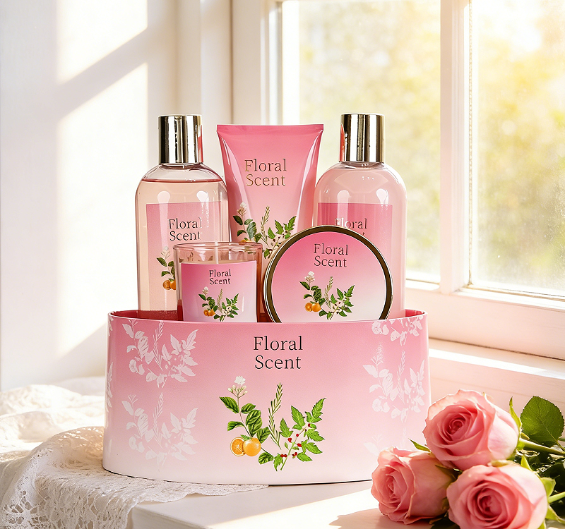 Floral Scent Luxury Bath Gift Set – 5PCS Pink Body Care Gift Setwith Shower Gel, Body Lotion, Body Scrub, Bubble Bath & Scented Candle