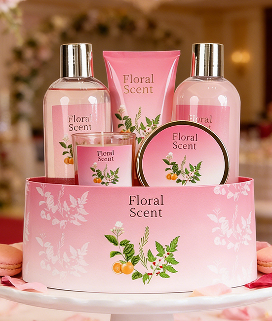 Floral Scent Luxury Bath Gift Set – 5PCS Pink Body Care Gift Setwith Shower Gel, Body Lotion, Body Scrub, Bubble Bath & Scented Candle