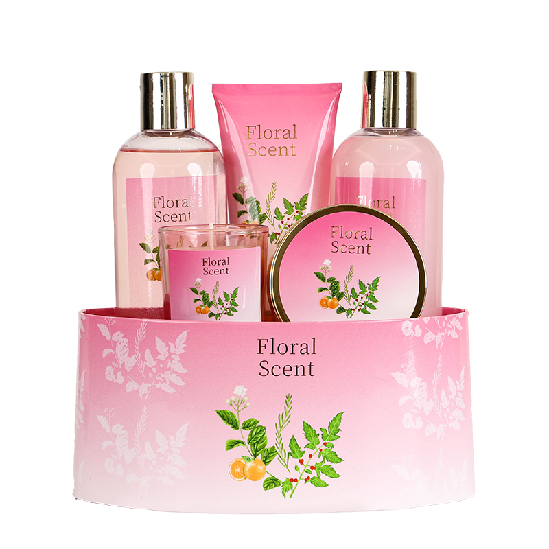 Floral Scent Luxury Bath Gift Set – 5PCS Pink Body Care Gift Setwith Shower Gel, Body Lotion, Body Scrub, Bubble Bath & Scented Candle