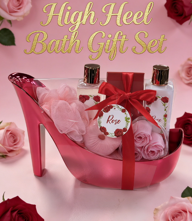 Luxury Rose Bath & Body Gift Set – Shower Gel, Body Lotion, Bath Salts & Soap Flowers in High Heel Gift Box