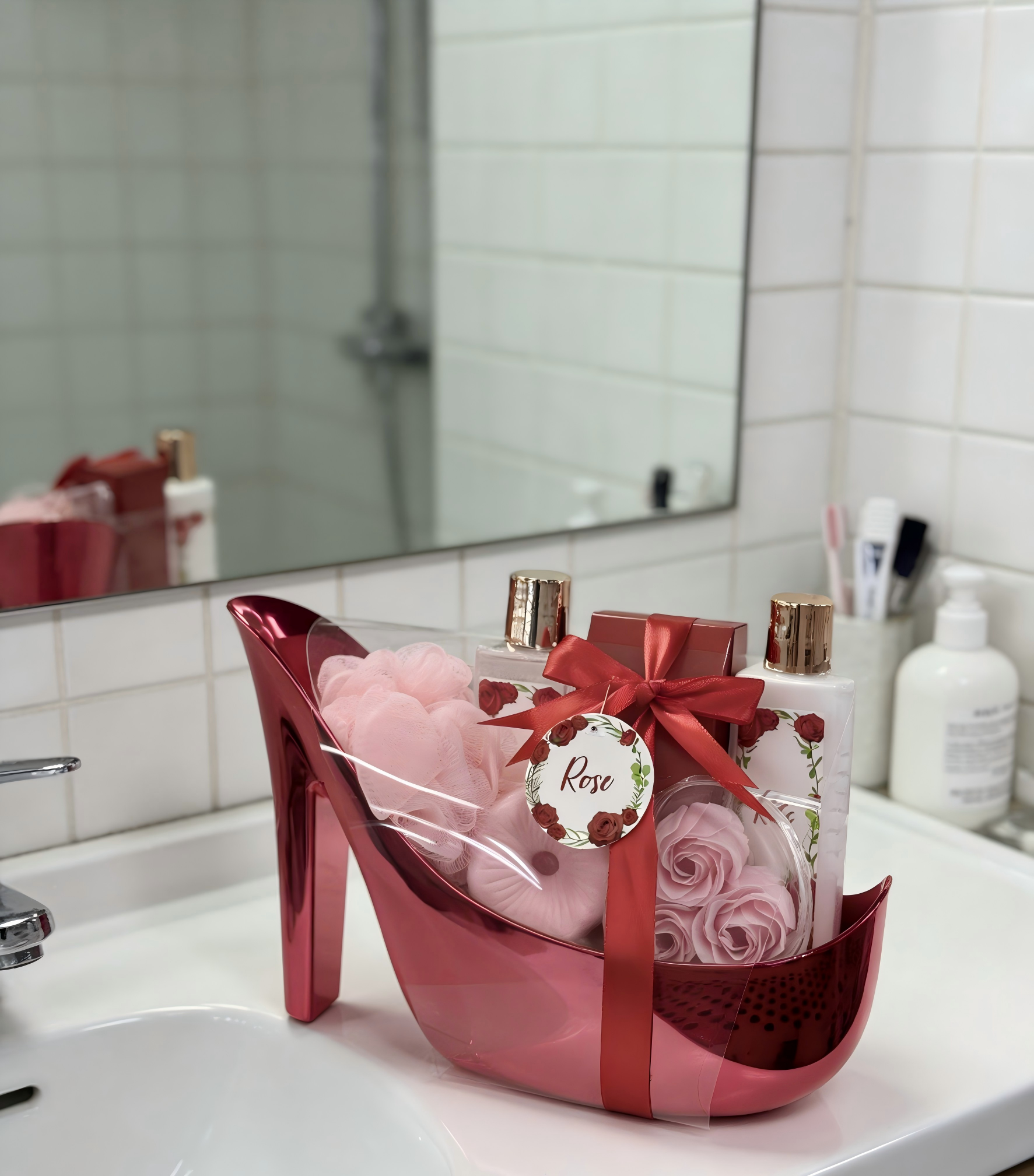 Luxury Rose Bath & Body Gift Set – Shower Gel, Body Lotion, Bath Salts & Soap Flowers in High Heel Gift Box