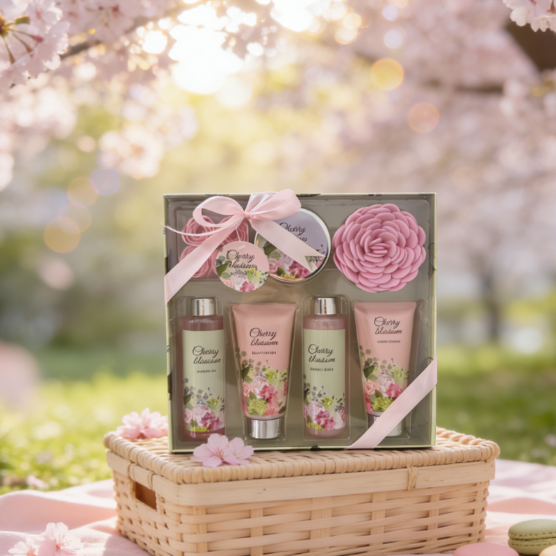 Cherry Blossom Bath Gift Set - 8pc Luxury Skin Care Set & Self-Care Spa Kit for Women
