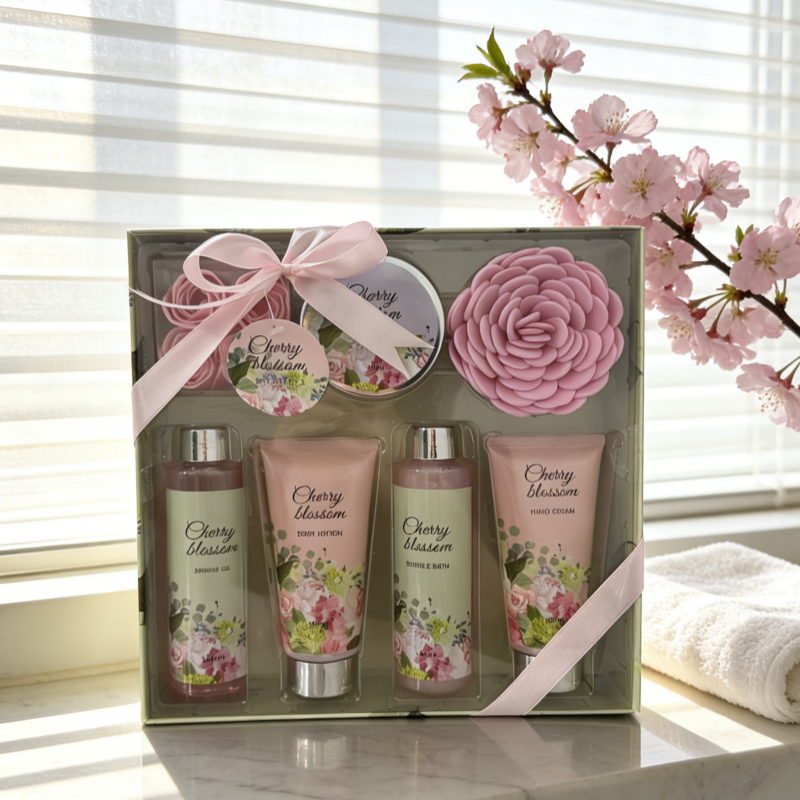 Cherry Blossom Bath Gift Set - 8pc Luxury Skin Care Set & Self-Care Spa Kit for Women