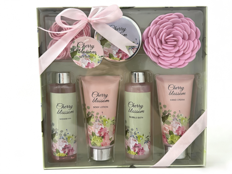 Cherry Blossom Bath Gift Set - 8pc Luxury Skin Care Set & Self-Care Spa Kit for Women