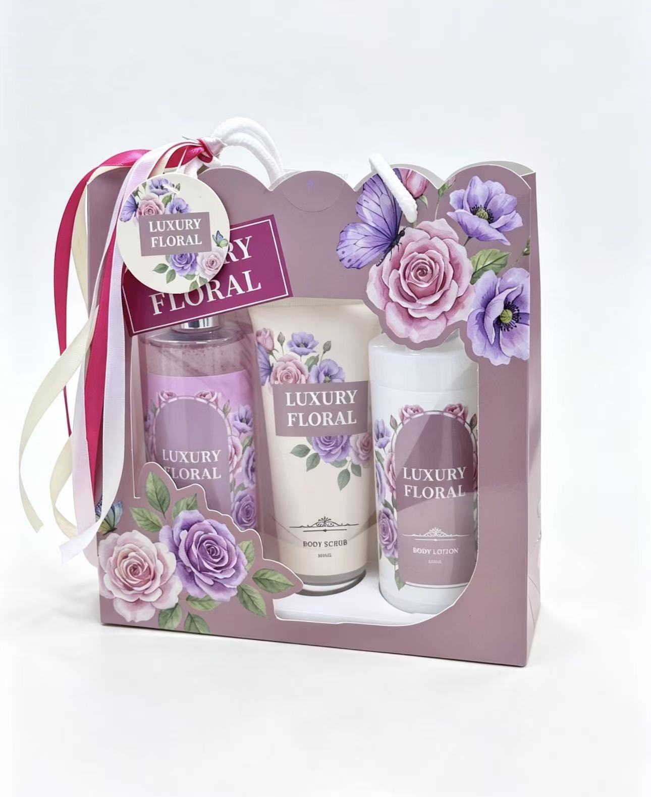 Luxury Floral Body Care Gift Set Purple Rose Scent Bath Spa Kit