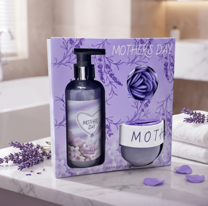 Mother's Day Lavender Bath Gift Set - Bubble Bath & Body Scrub Spa Relaxation Skincare Kit