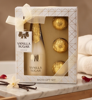 Vanilla Sugar Luxury Bath Gift Set - Champagne Bottle Body Wash & 3 Gold Foil Bath Bombs Spa Gift Kit
