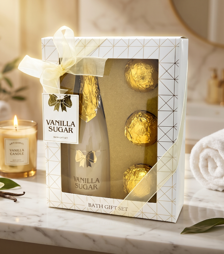 Vanilla Sugar Luxury Bath Gift Set - Champagne Bottle Body Wash & 3 Gold Foil Bath Bombs Spa Gift Kit