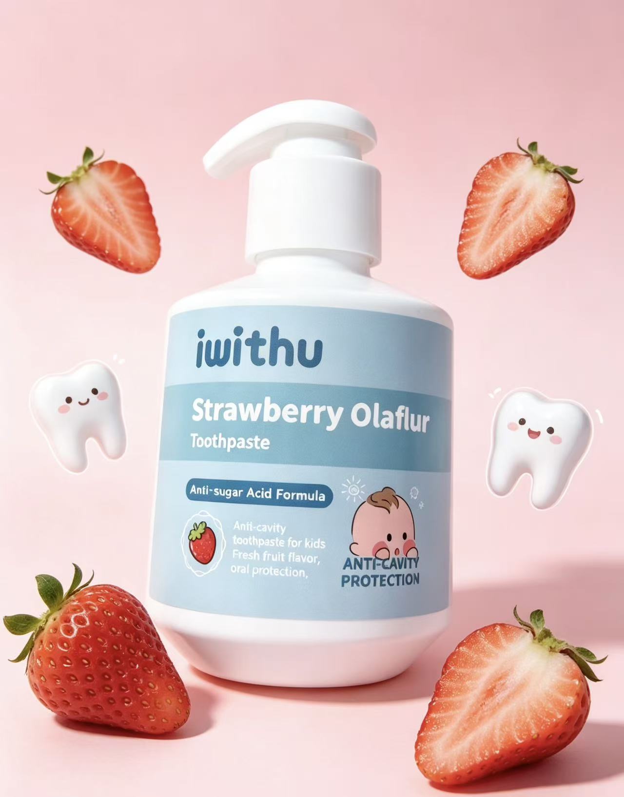Iwithu Kids Strawberry Olaflur Toothpaste | Anti-Cavity & Anti-Sugar Acid Formula, Gentle Oral Protection for Toddlers & Children
