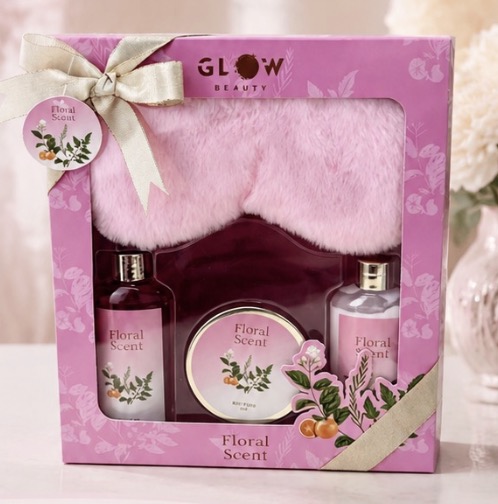 Glow Beauty Floral Scent Spa Bath & Body Gift Set Pink Fluffy Eye Mask Luxury Relaxing Body Care Kit Glow Beauty Floral Scent Spa Bath & Body Gift Set Pink Fluffy Eye Mask Luxury Relaxing Body Care Kit