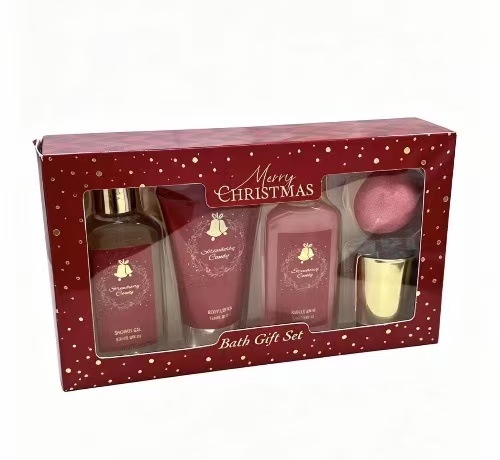 Merry Christmas Strawberry Candy 4Pcs Bath Gift Set Red Festive Spa Body Care Hamper