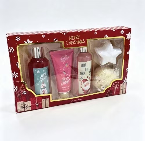 Merry Christmas 5 Pieces Holiday Bath Gift Set Red Snowflake Window Box Spa Kit For Women