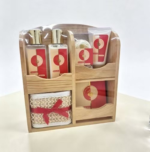 Wooden Rack Bath Gift Set Red Gold Spa Body Care Kit Wedding Favor Shower Gift Box Wooden Rack Bath Gift Set Red Gold Spa Body Care Kit Wedding Favor Shower Gift Box