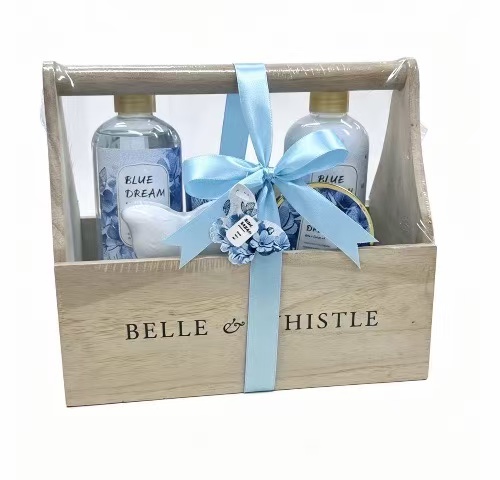 Blue Dream Wooden Bath Gift Basket Spa Body Care Gift Set Blue Dream Wooden Bath Gift Basket Spa Body Care Gift Set