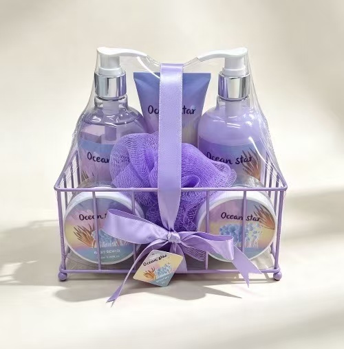 Ocean Star Purple Metal Wire Bath Gift Basket Complete Body Care Spa Set For Women Gift