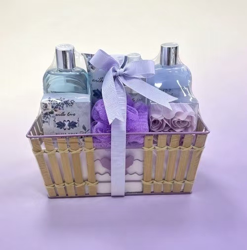 Lavender Purple Bamboo Basket Spa Bath Gift Set Full Body Care Gift Kit for All Occasion Presents