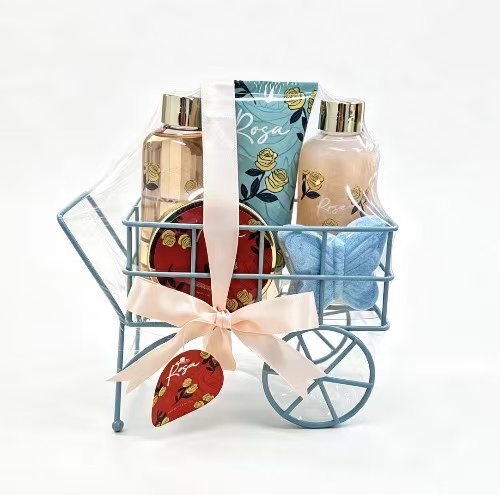 Rosa Rose Spa Bath Gift Set, Blue Iron Trolley Basket Body Care Gift Kit