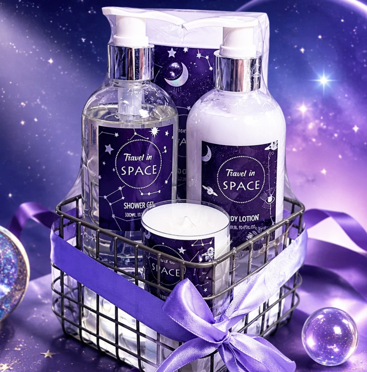 Travel In Space Bath Gift Set Iron Wire Basket Spa Kit With Scented Candle