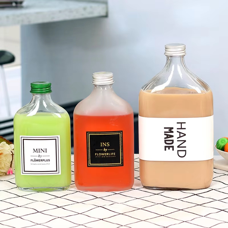 Wholesale 100ml 375ml 500ml Flat Square Glass Wine Bottle Creative Packaging Juice Bottle With Cap