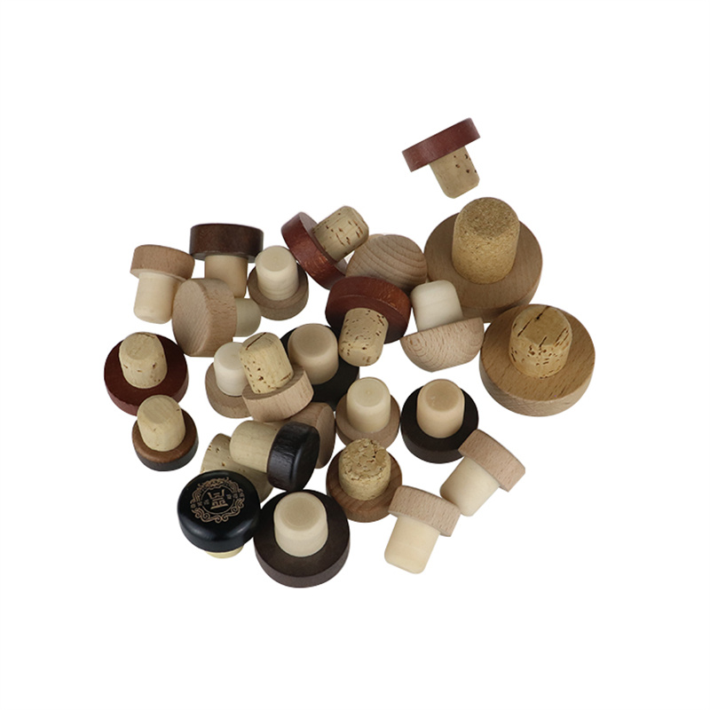 Custom Laser Engraving Logo Champagne Wooden Bar Top Cap T shape Synthetic Black Cork Bottle Stopper