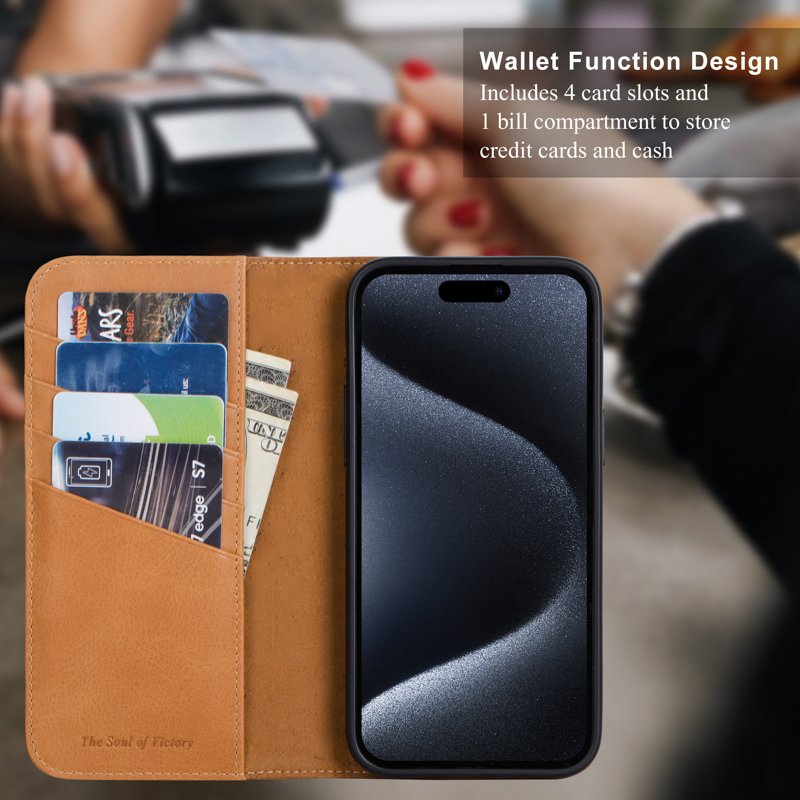 Genuine Leather Wallet Flip Phone Case for iPhone 16 Pro Max