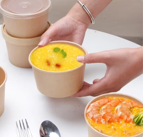 Contenitori per tazze di zuppa di carta monouso personalizzati con coperchio, tazze di gelato di carta