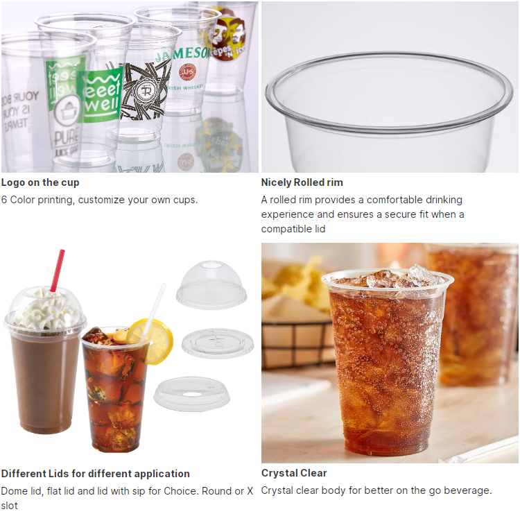 12 14 16 20 24oz plastic PLA transparent milk tea coffee cups with lids by plant supplier