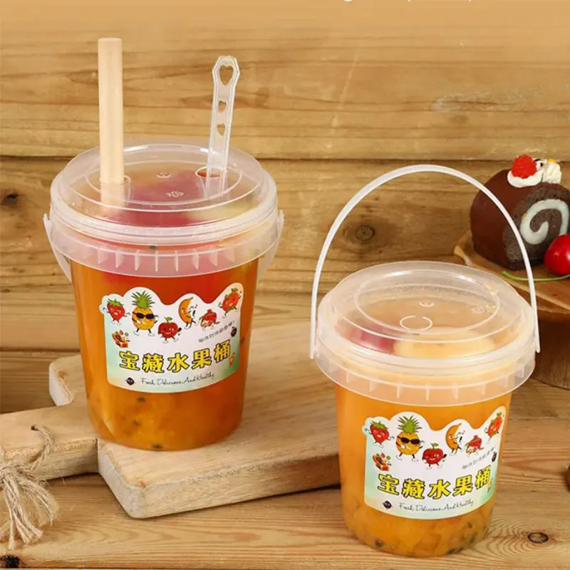 wholesale snack fruit round barrel handle bucket custom logo large plastic dessert cups with lid
