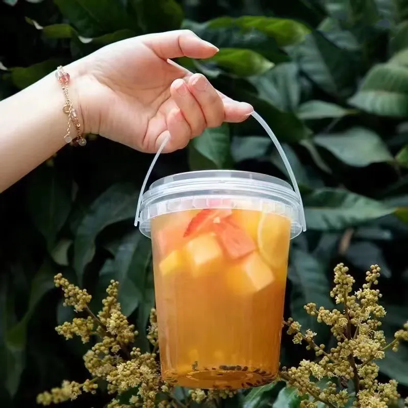 wholesale snack fruit round barrel handle bucket custom logo large plastic dessert cups with lid