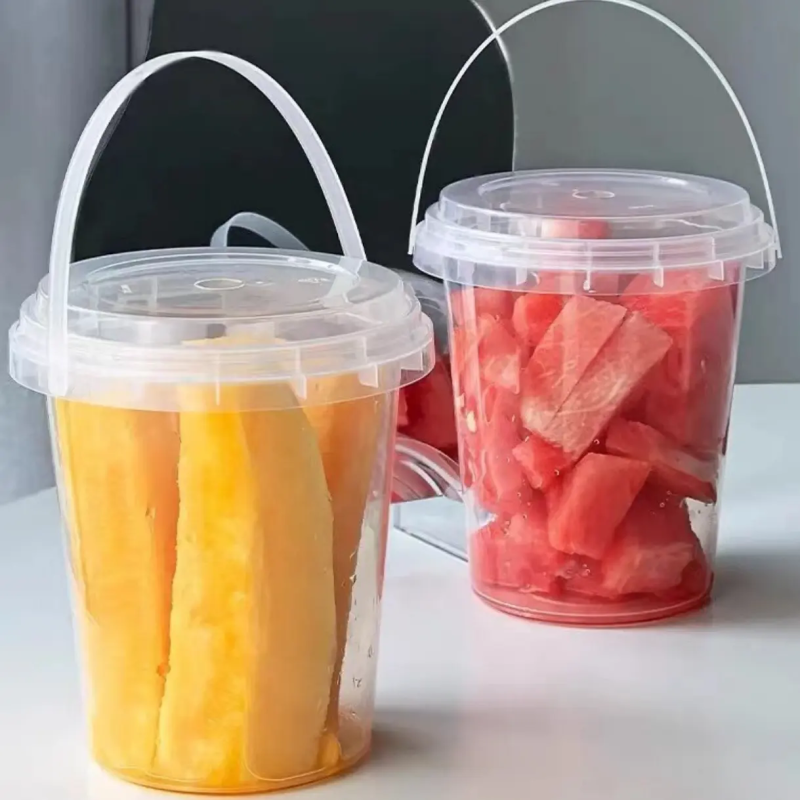 Conteneur de fruits jetable à emporter avec logo personnalisé, seau en PP, gobelets en plastique avec couvercle et poignée